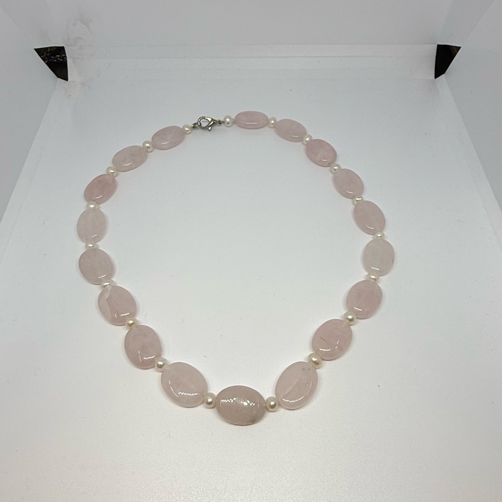 Vintage Rose Quartz Oval Bead Necklace 17” - Picture 2 of 4